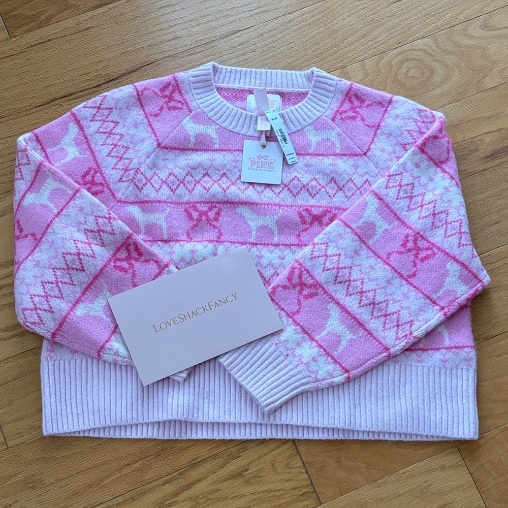 LoveShackFancy Pink and White Patterned Sweater
